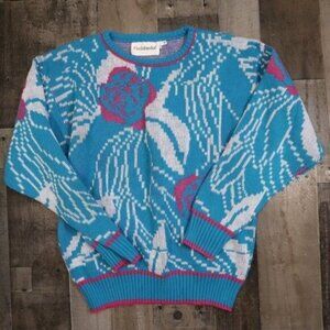 Fire Islander Vintage Womans Small Teal & Pink Oversize Rose Floral Sweater 80s